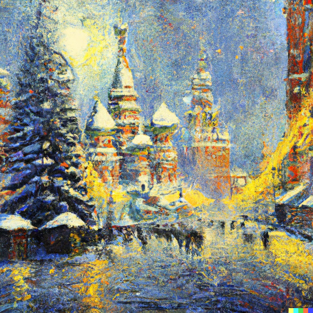 Prompt: Moscow Red Square in the winter, painted by Vincent van Gogh