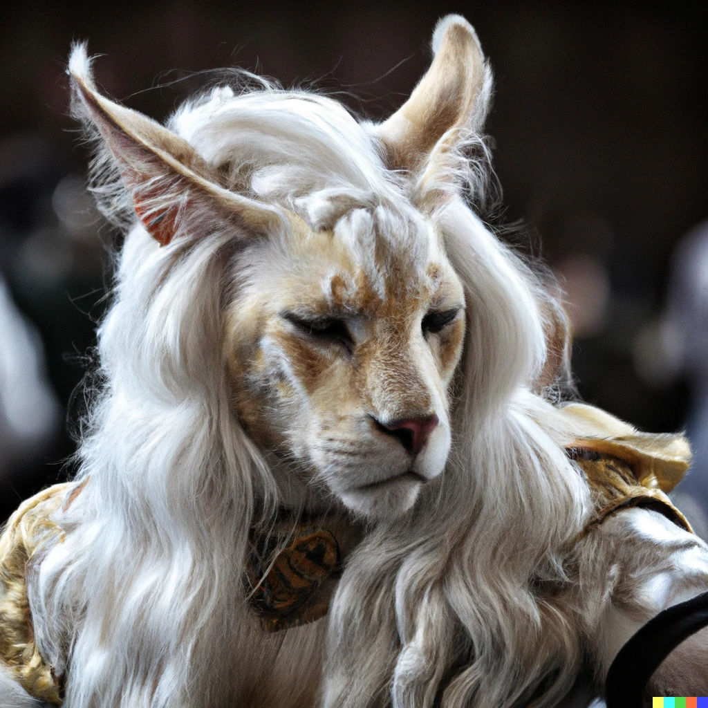 Prompt: An award winning photograph of upper body of a young cool looking muscular caracal beast-man with white mane at a medieval market at windy day. Depth of field. He is wearing fantasy complex armors. He has huge paws. Renaissance style lighting.