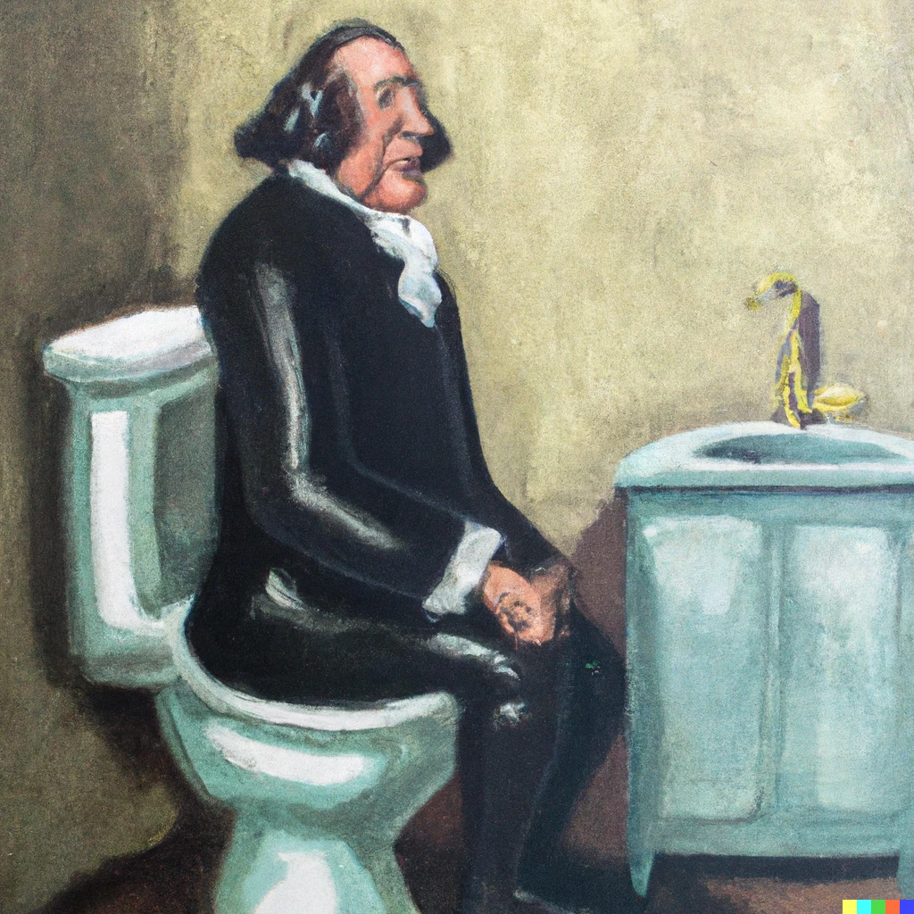 Prompt: An  oil painting of Oliver Cromwell on the toilet