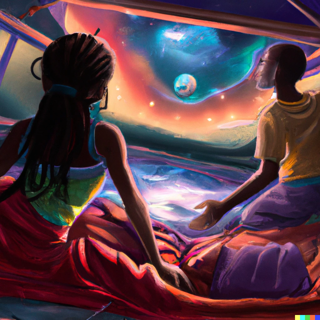 Prompt: Under the light of seven moons, solar winds break through the magnetic fabric around the planet. A traveling couple experiences a cosmic miracle while camping. Digital art in the style of Michelangelo.