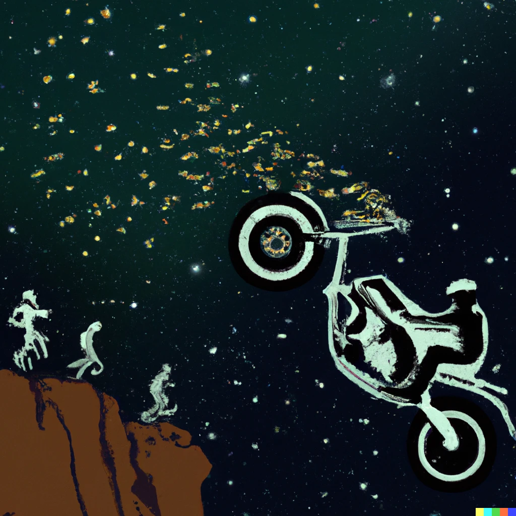 Prompt: A motorcycle made of monkeys jumping over the Grand Canyon at night with a starry sky