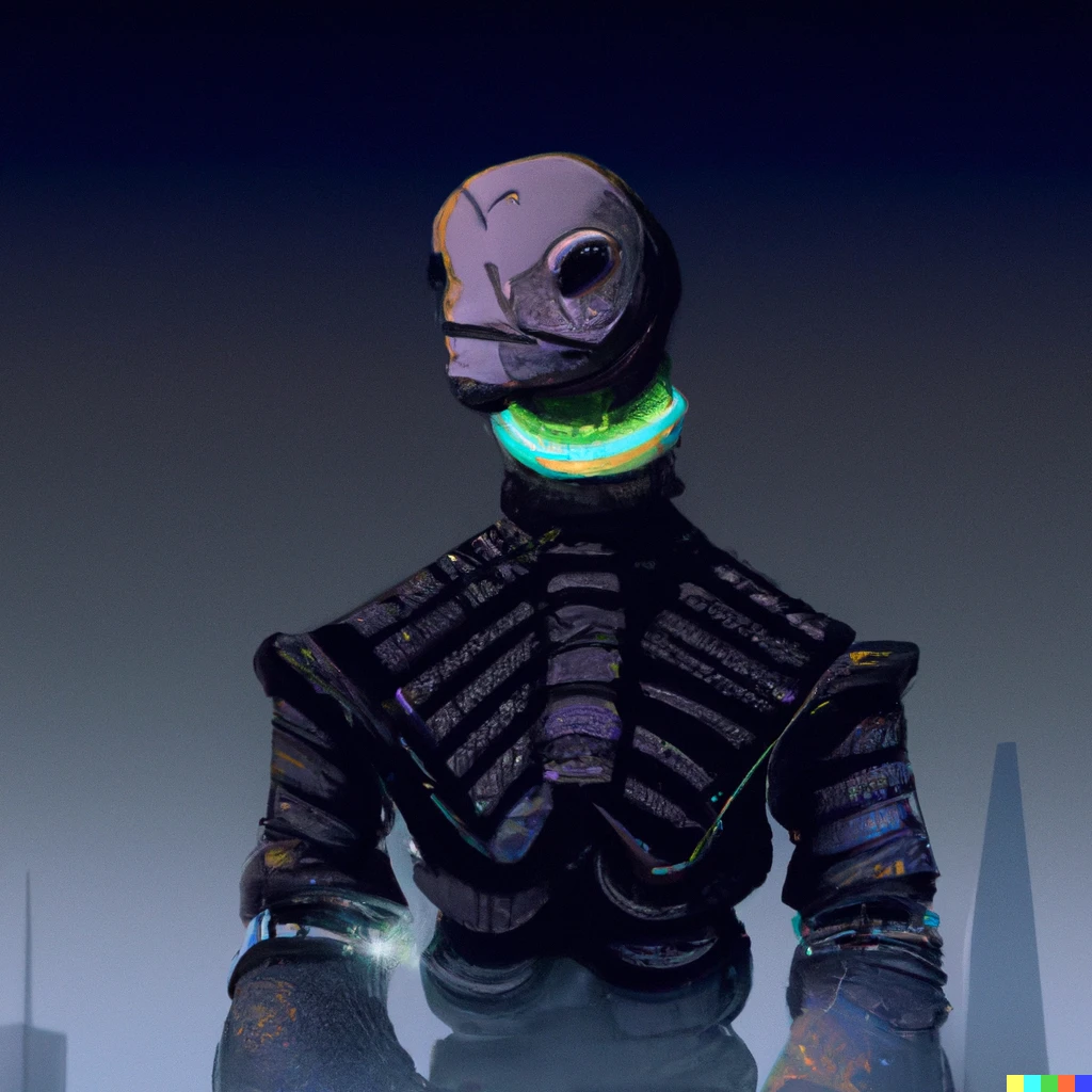 Prompt: A cyborg on top of a skyscraper at night wearing a turtle neck made from turtles
