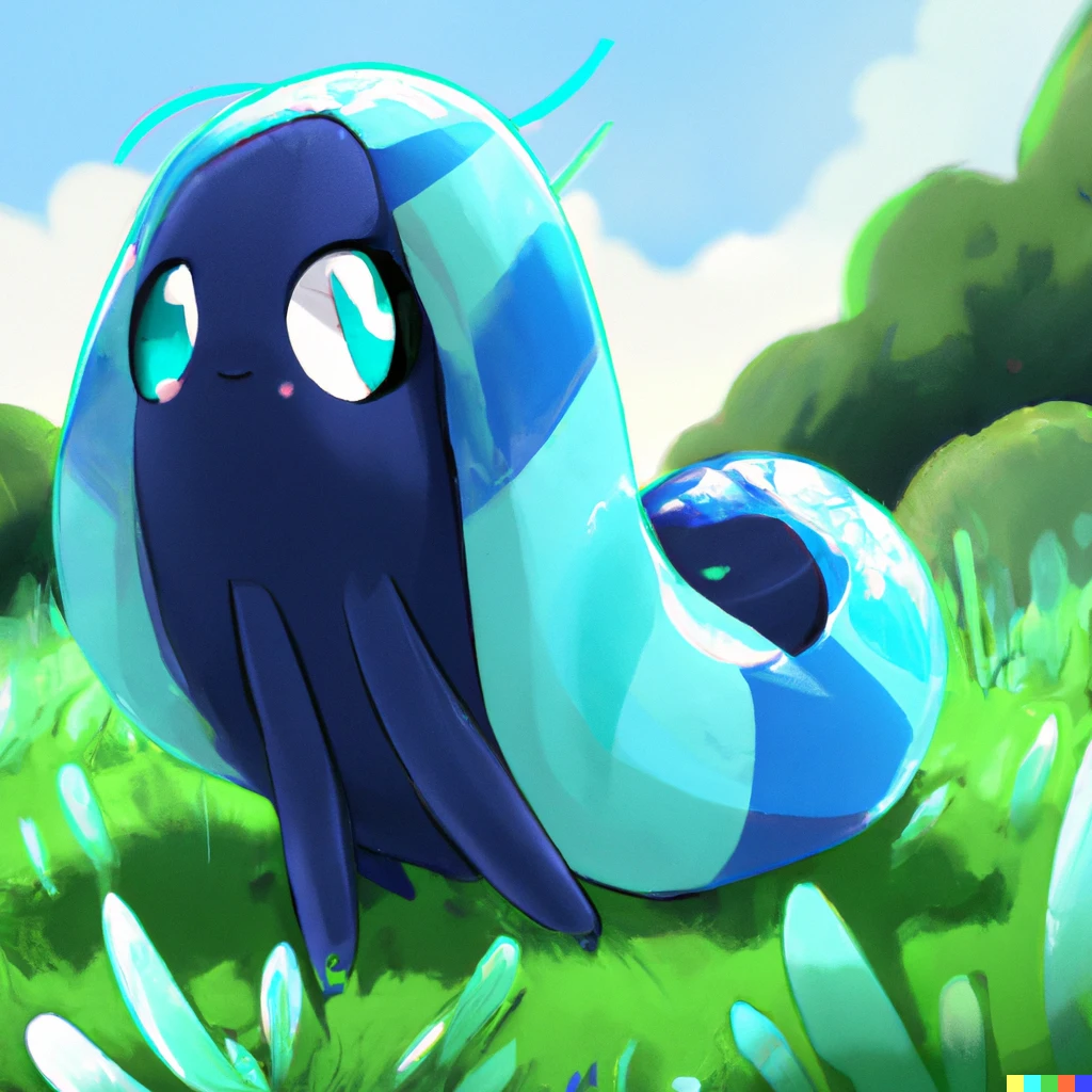Prompt: A new Pokémon named Wormble that is blue standing in a grass field, digital art