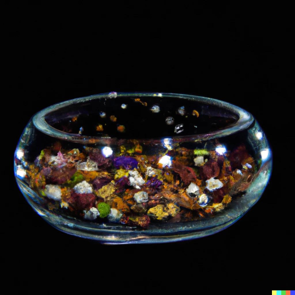 Prompt: A bowl of cat food where the bowl is made of crystal and each piece of food is an entire galaxy