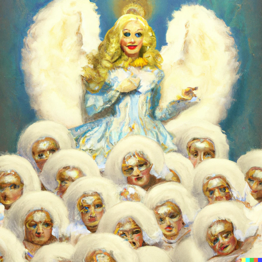 Prompt: A drag queen whose soul ascends to heaven surrounded by little white angels. In the style of Rubens' painting.