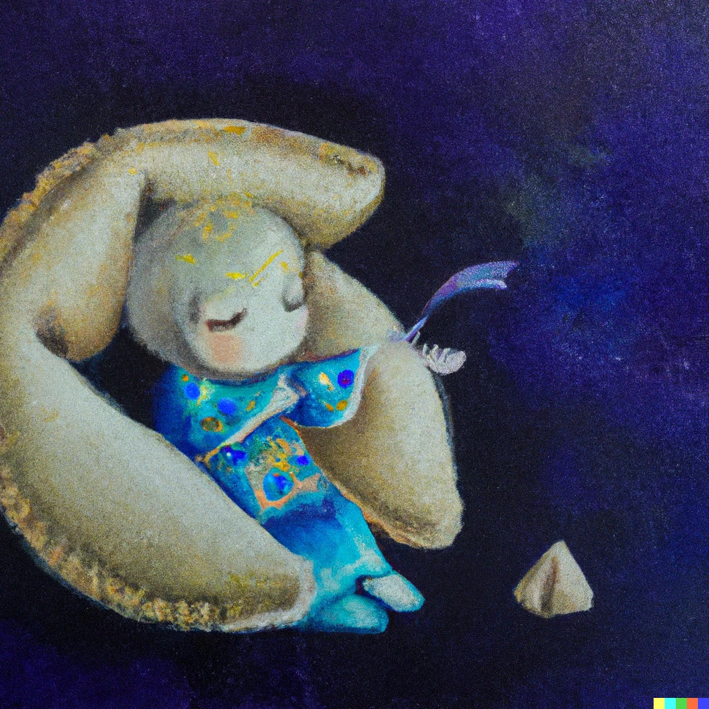 Prompt: A tiny blue sprite flittering out of a fortune cookie, acrylic painting, matte background, iridescent, fantasy, detailed