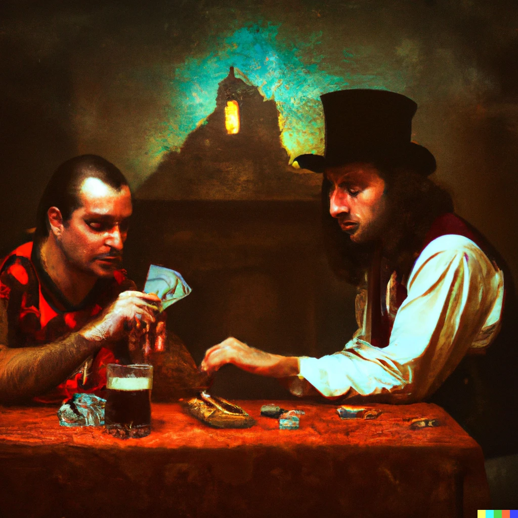 Prompt: An old photograph of a mangy werewolf and an ominous vampire playing cards in an old, haunted saloon., realistic, subtractive lighting, matte background, noctilucent