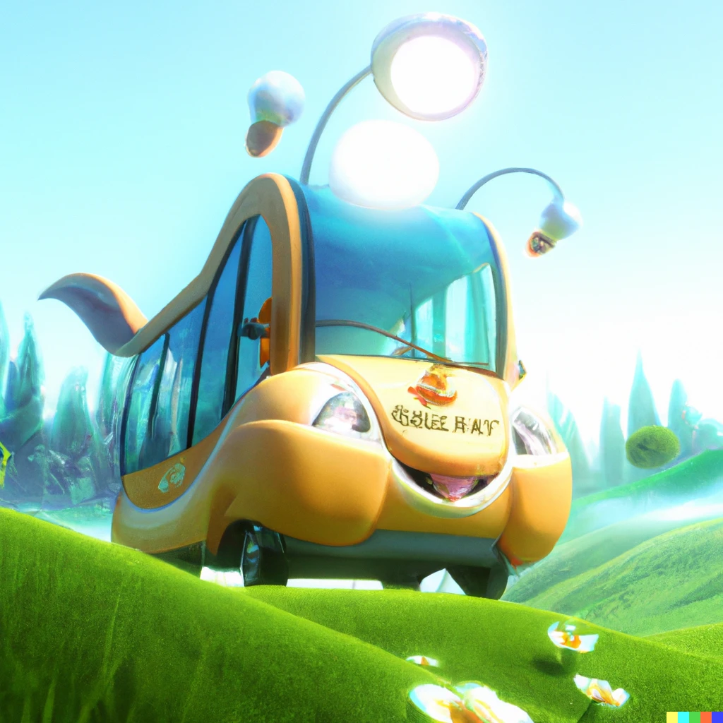 Prompt: A glowing trundlebus, happily plouncing in a bright and twilly field; amazing details; happy, fantasy, ambient occlusion, mid-day, digital illustration, photorealistic