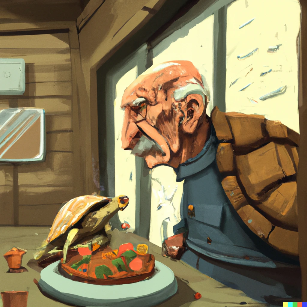 Prompt: an old turtle security guard eating the most delicious bowl of soup, digital art