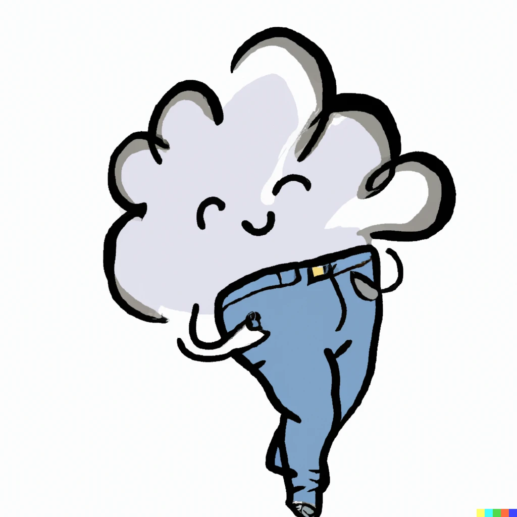 Prompt: A whimsical cloud trying on pants