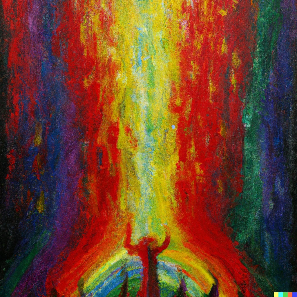Prompt: Rainbow of Satan, oil painting, impressionism, ominous, beautiful, happy