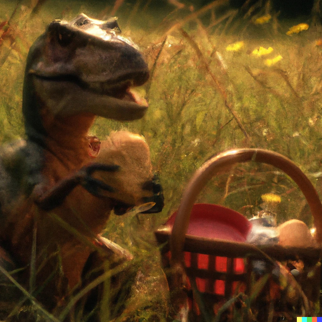 Prompt: My friend the dinosaur brought a picnic basket, realistic, photograph, impressionism, golden hour, serene