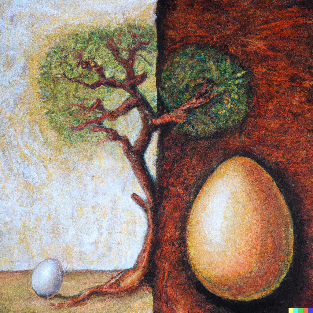 Prompt: The egg and the tree, codex inversus, detailed, oil painting