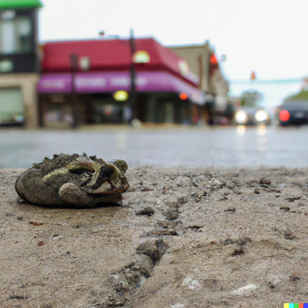 Prompt: A photograph of a spiky toad sitting on Main Street