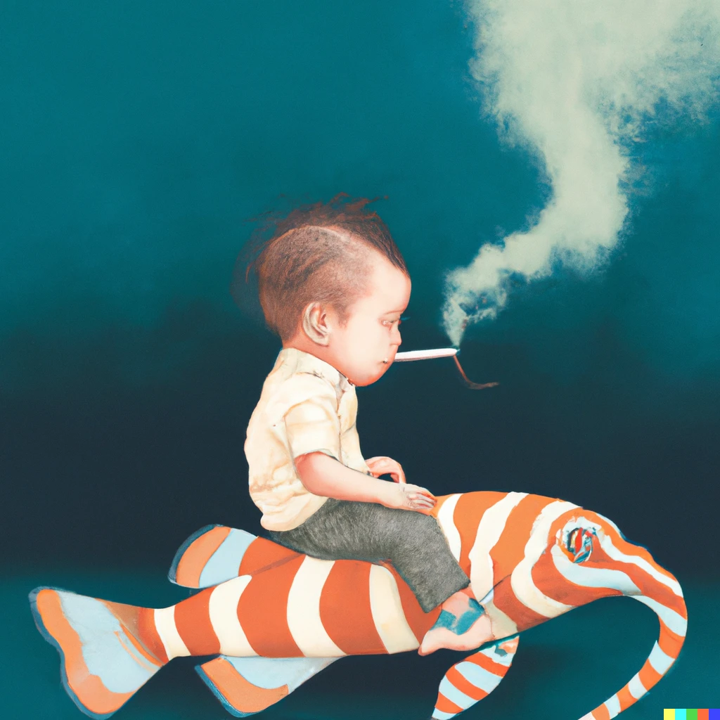 Prompt: A digital art of a baby who smokes riding a zebrafish 