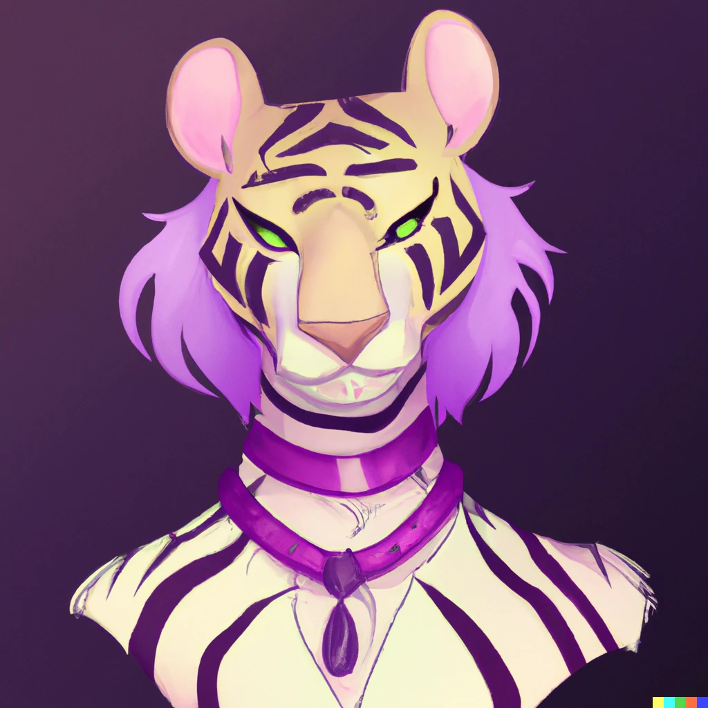 Prompt: anthro female tiger with a collar and purple hair