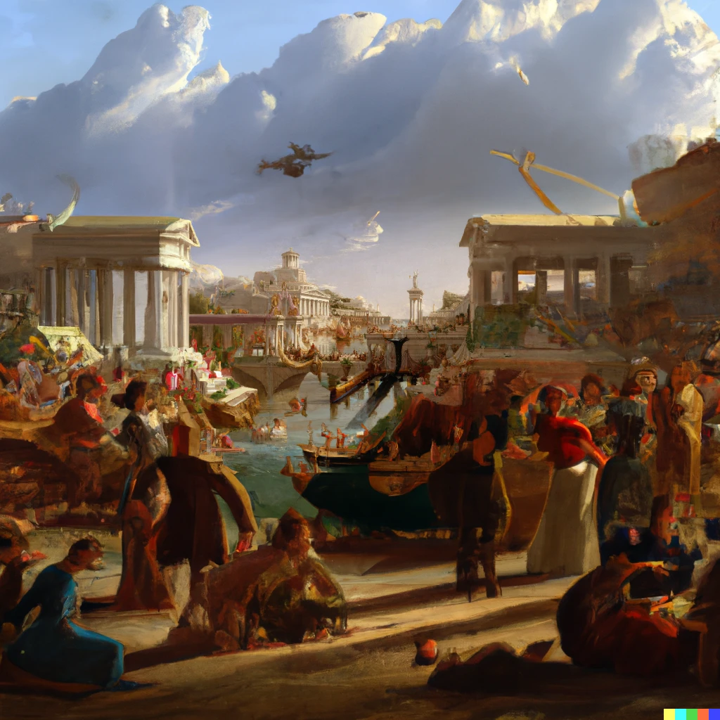 Prompt: a roman scene of a port city with marble buildings and trading and women in togas dancing with bountiful harvest in the painting style of Thomas Cole