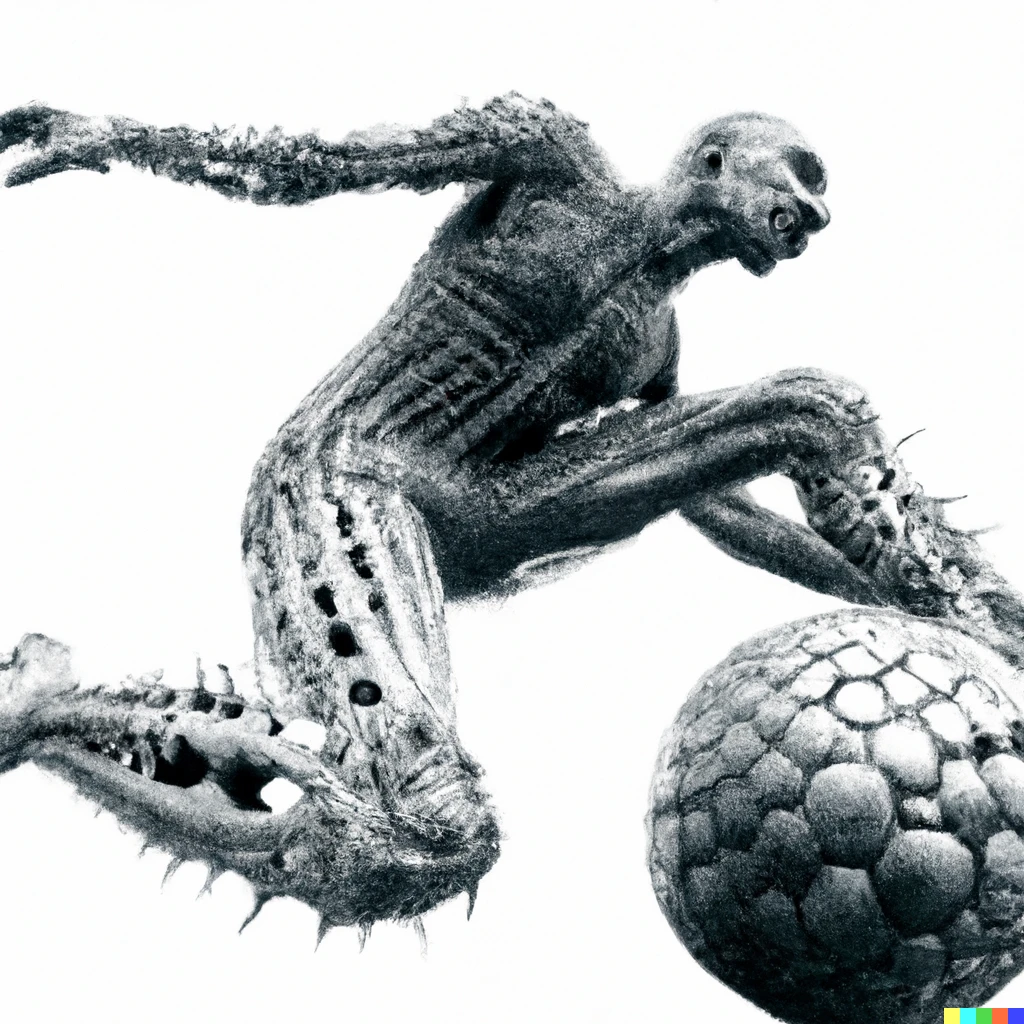 Prompt: man playing football in the style of h.r. giger