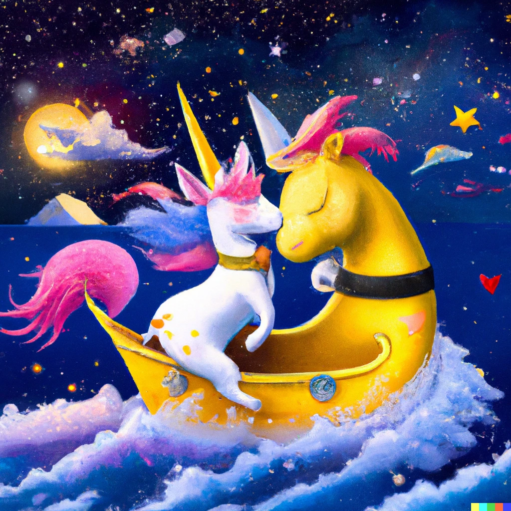 Prompt: pikachu kissing an unicorn while on a romantic boat ride riding the waves of the galaxy