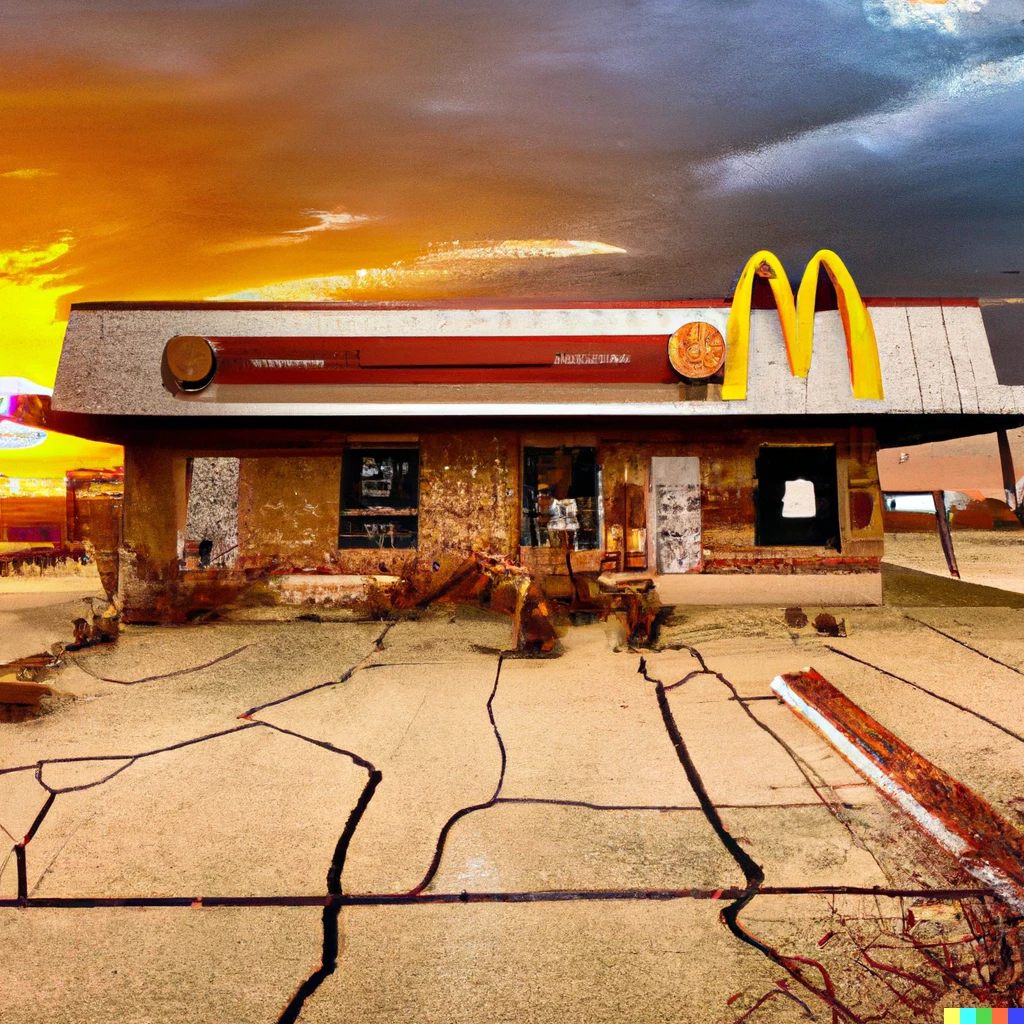 Prompt: a landscape of a post apocalyptic McDonald’s , 4K photo hyperealistic