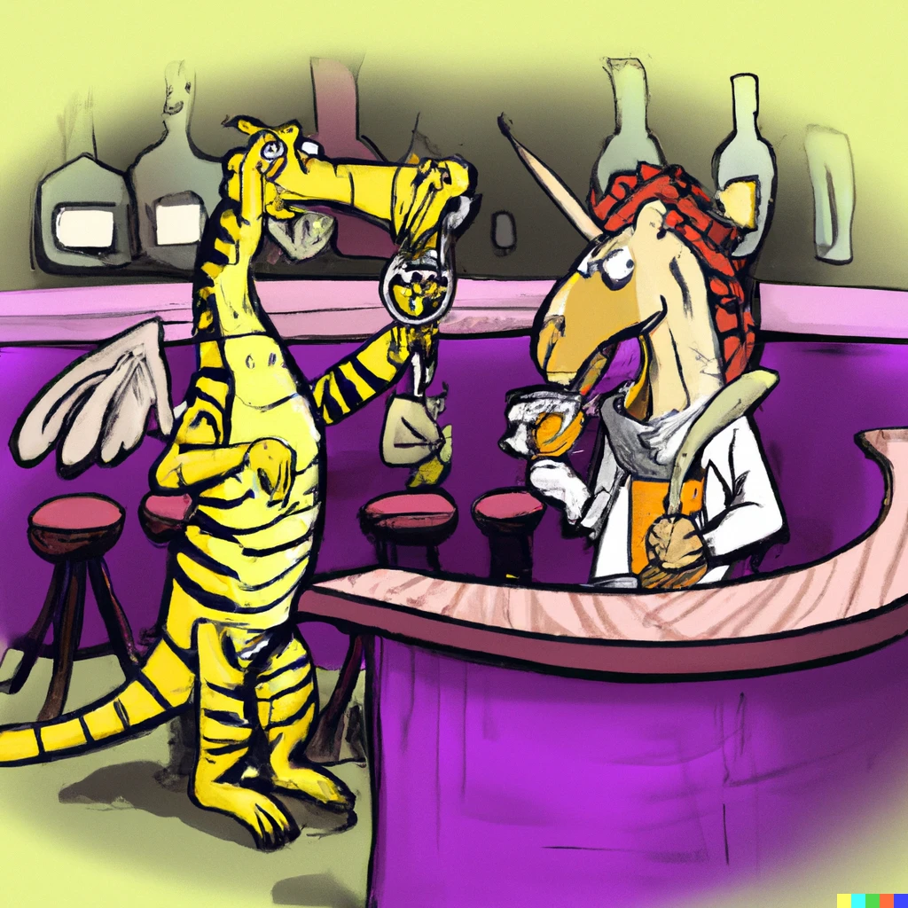 Andrew × Dall·e 2 A Drunk Dragon Sitting At The Bar Crying While Talking To A Zebra Bartender