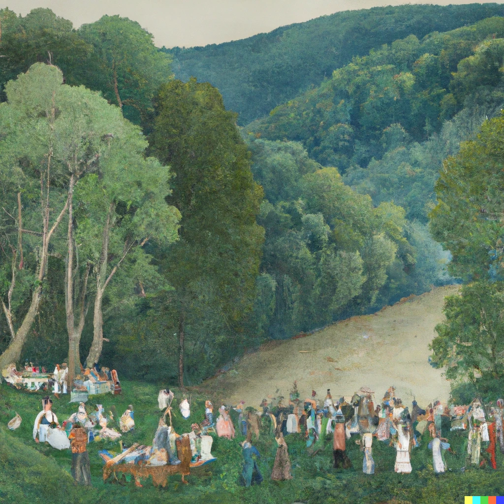 Prompt: A large party of people eating and dancing with one another, alongside a mighty River, tall deciduous trees and a green pasture, regionalism painting