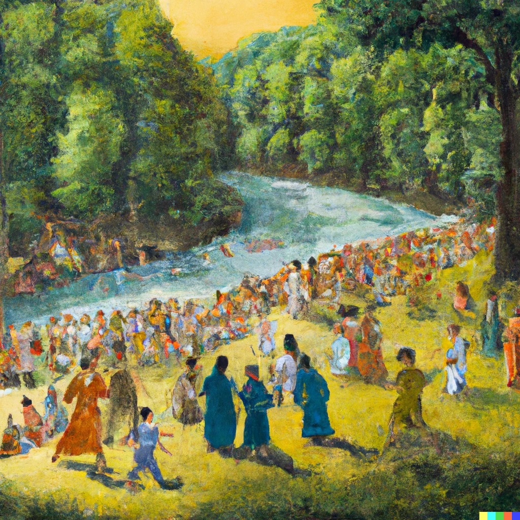 Prompt: A large party of people eating and dancing with one another, alongside a mighty River, tall deciduous trees and a green pasture, regionalism painting