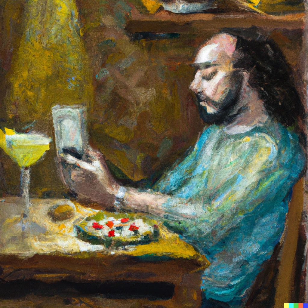 Prompt: An oil painting of a man sitting at a table with a margarita looking at his iPhone, in the style of The Last Supper. 