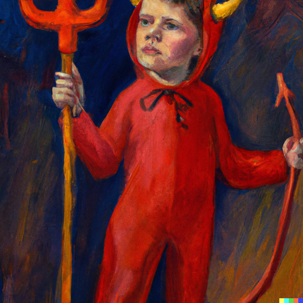 Prompt: A Halloween devil with large red horns on his head, a pitchfork in hand, wearing red footie pajamas staring pensively into the distance, classical oil painting. 