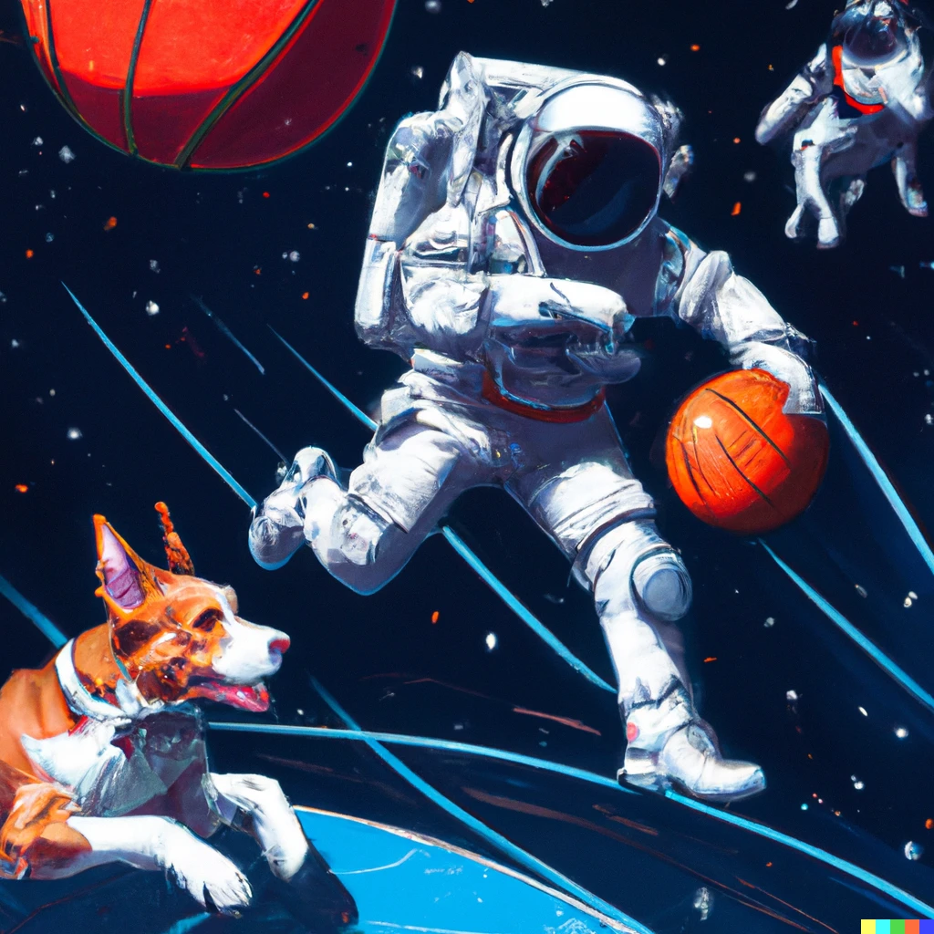 Prompt: an astronaut playing basketball with dogs in space, digital art