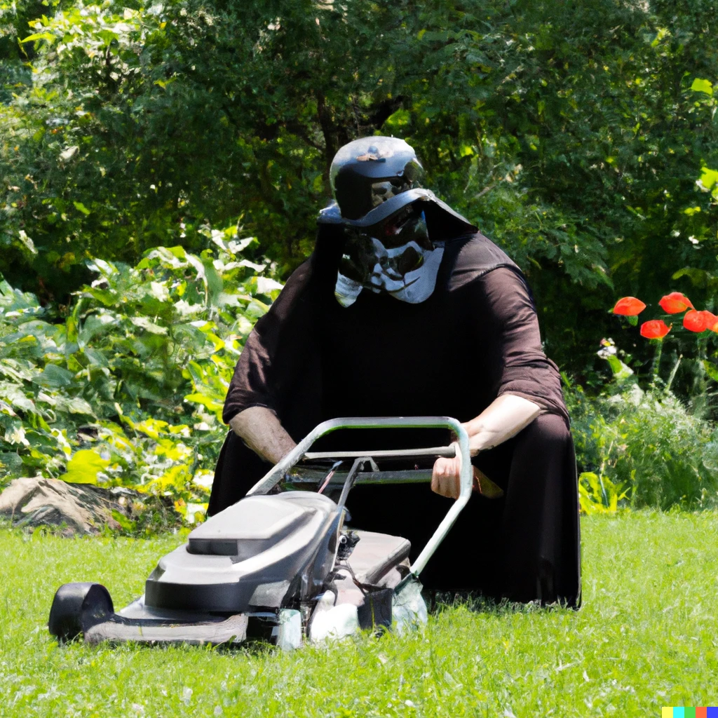 Prompt: darth vader mowing a lawn
