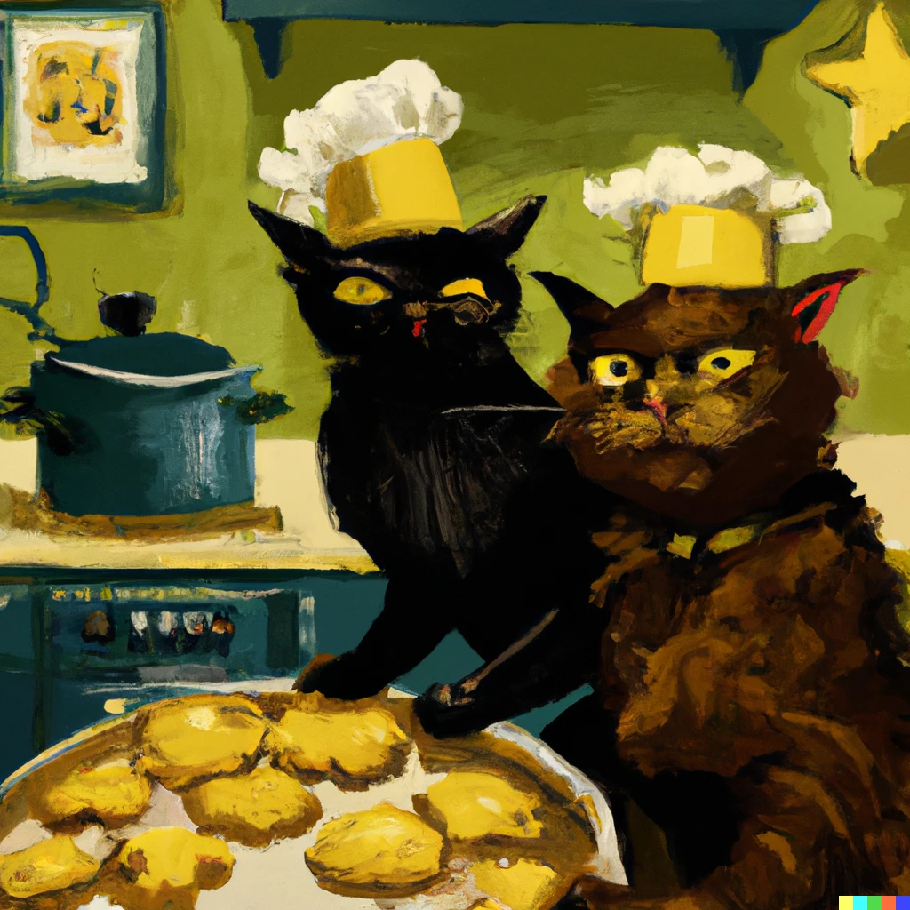 Prompt: a Vincent van Gogh painting of two happy black cats wearing chefs hats in the kitchen baking chocolate chip cookies