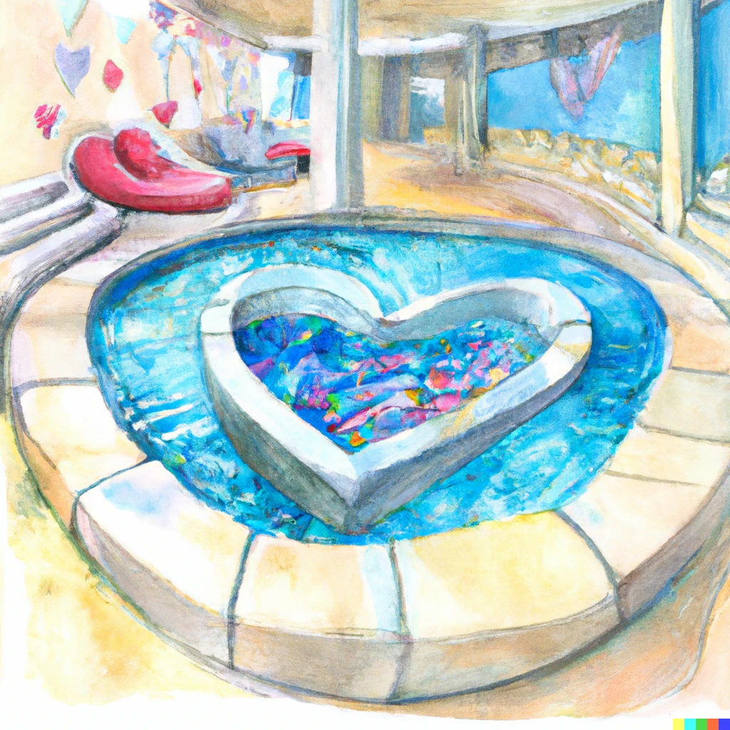 Prompt: A sunlit indoor lounge area with a jacuzzi full of hearts and another pool with clear water painted with watercolors