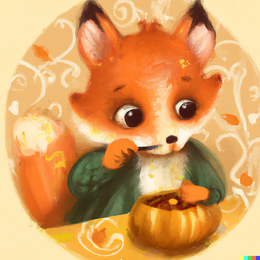 Prompt: A cute baby fox drinking pumpkin soup in the style of Renoir