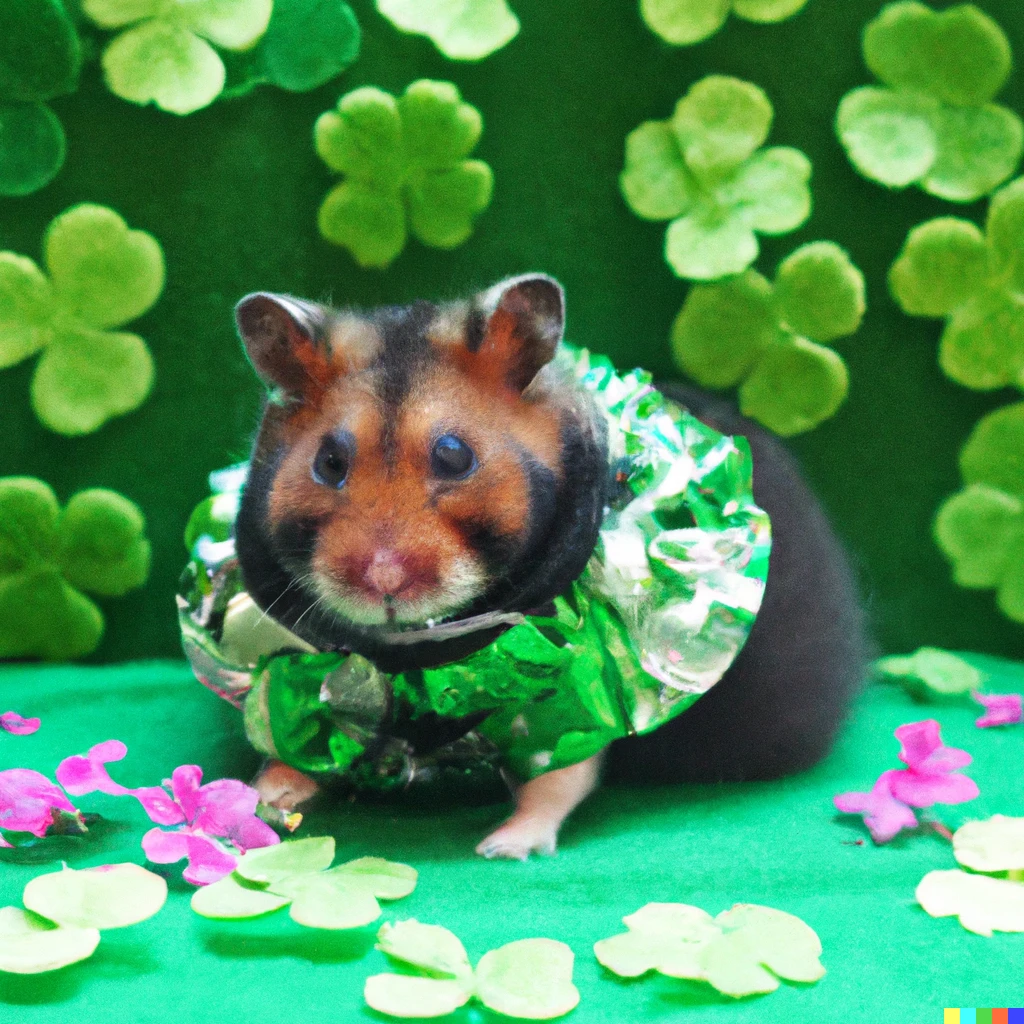 Prompt: A hamster sophisticate attending the Met Gala in a stunning dress made of vibrant clovers.