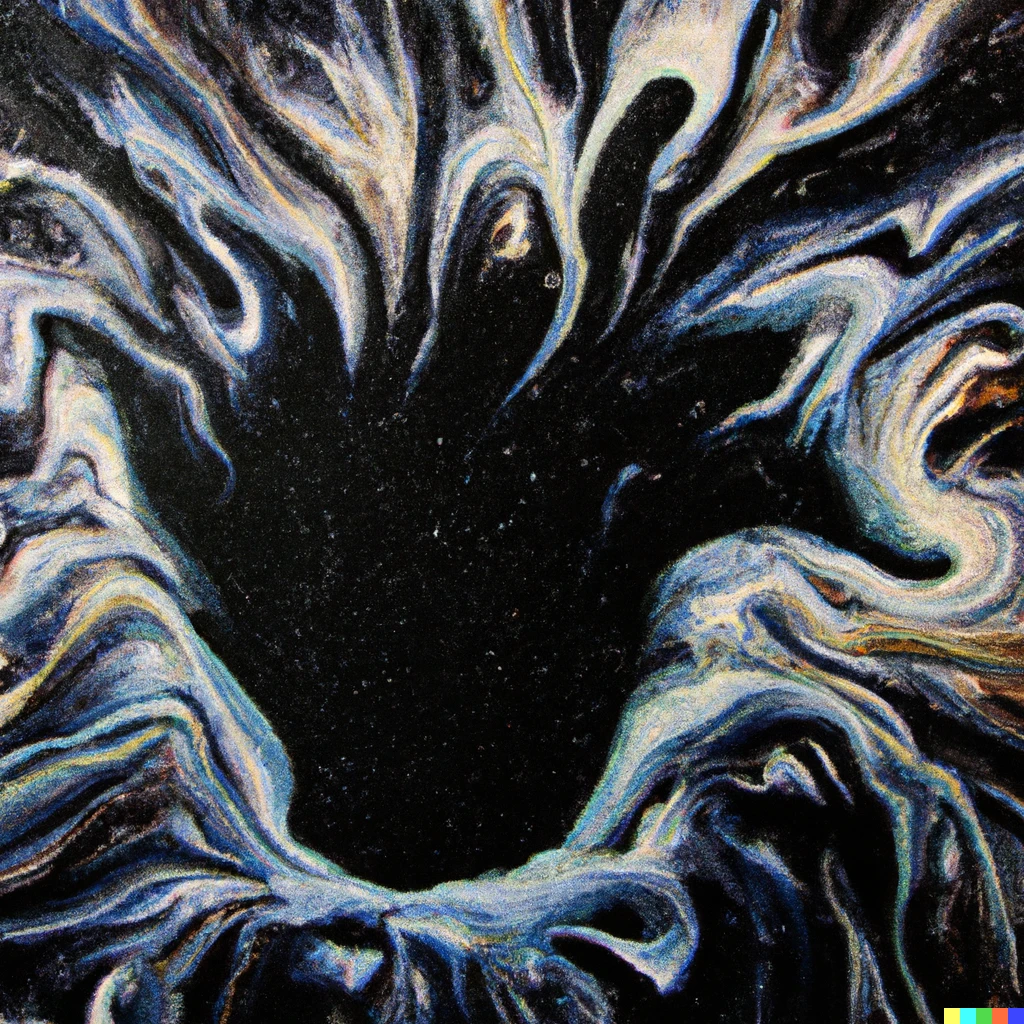 Prompt:  liquid oil painting of a supermassive black hole crushing all the matter in the universe in the style of The Scream