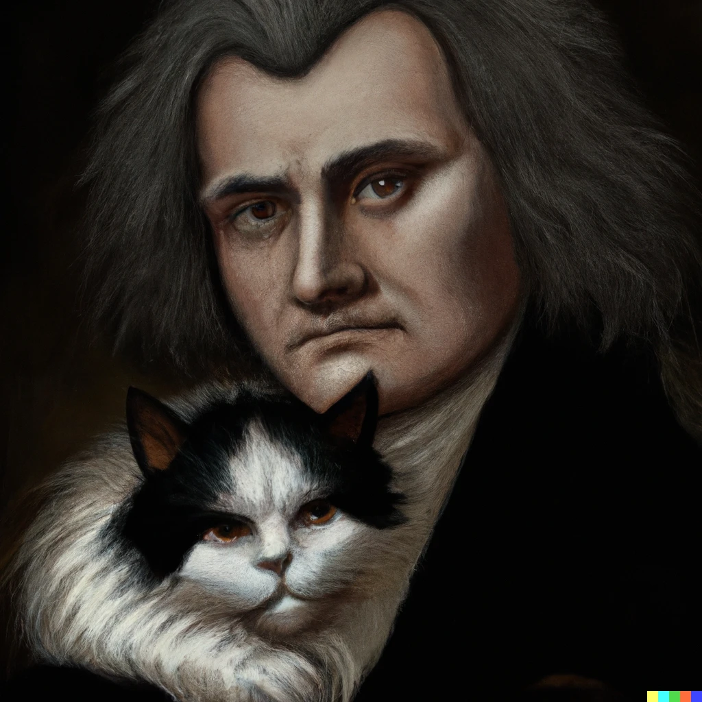 Prompt: Moody painting of a portrait of Beethoven holding a cat