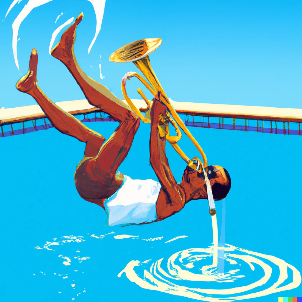 Prompt: Miles Davis with a trumpet doing a backflip into a pool 