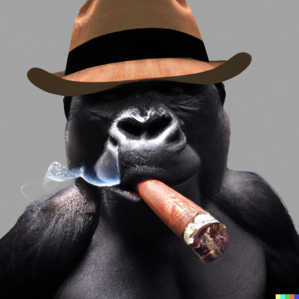 Prompt: A Gorilla wearing a hat and smoking a cigar