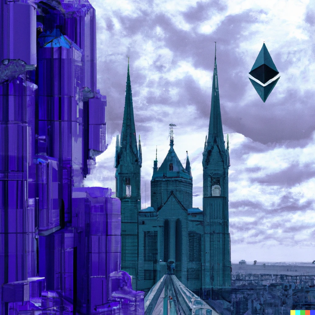 Prompt: dystopian surreal prussian blue cybernetic cathedral  Ethereum