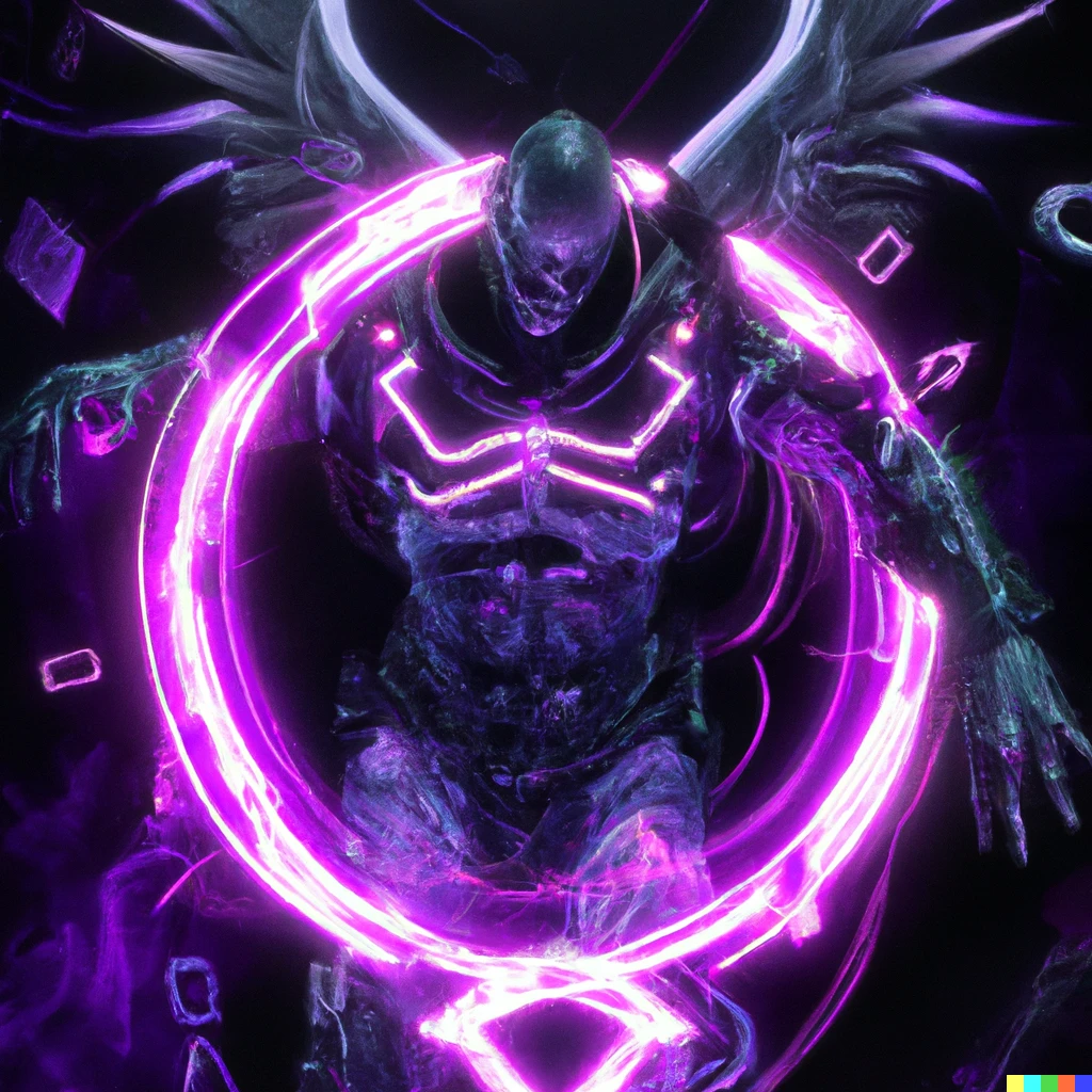 Prompt: digital cyberpunk purple neon archangel , fighting consciousness, digital art