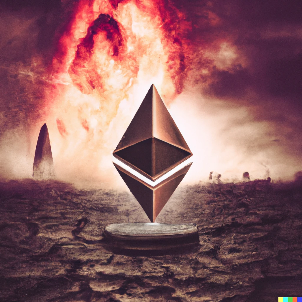 Prompt: Ethereum in a dystopian surreal inferno 