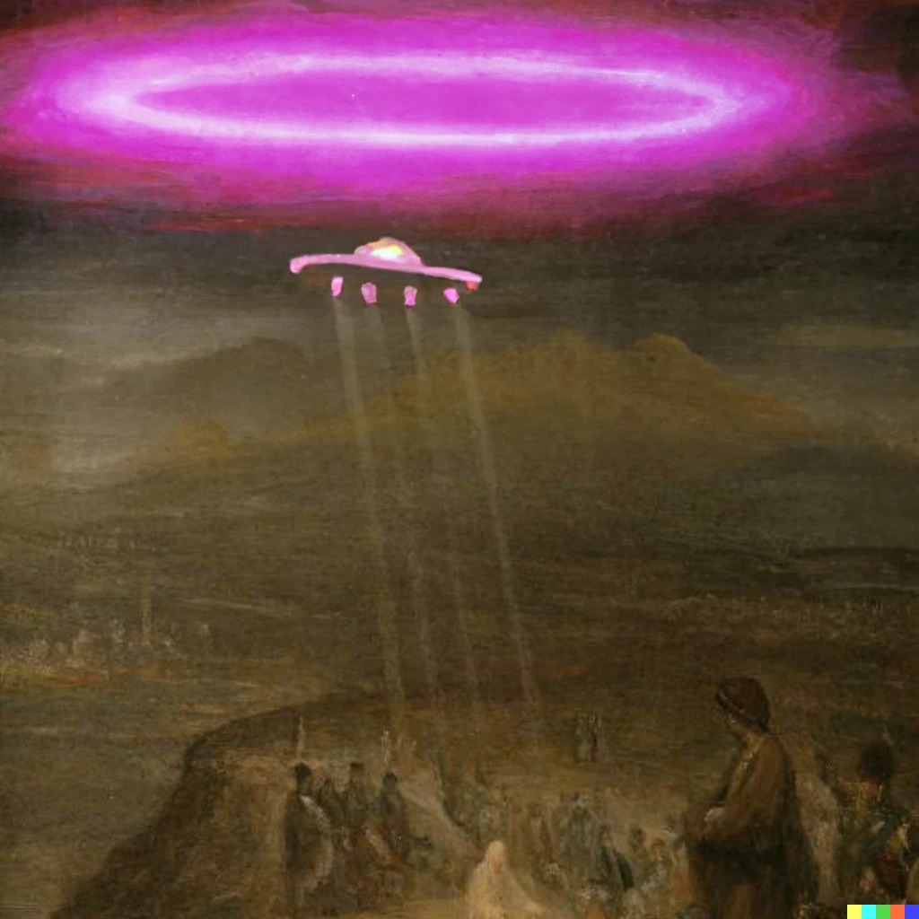 Prompt: Hyper real ufo beaming up people with neon purple electricity