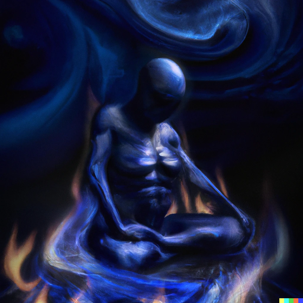 Prompt: a humanoid meditating above a blue fire in the style of Beksiński