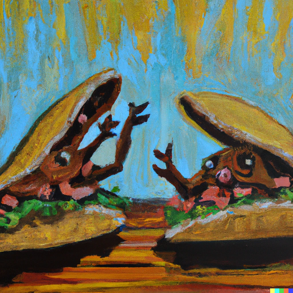 Prompt: An impressionist oil painting of tacos fighting.
