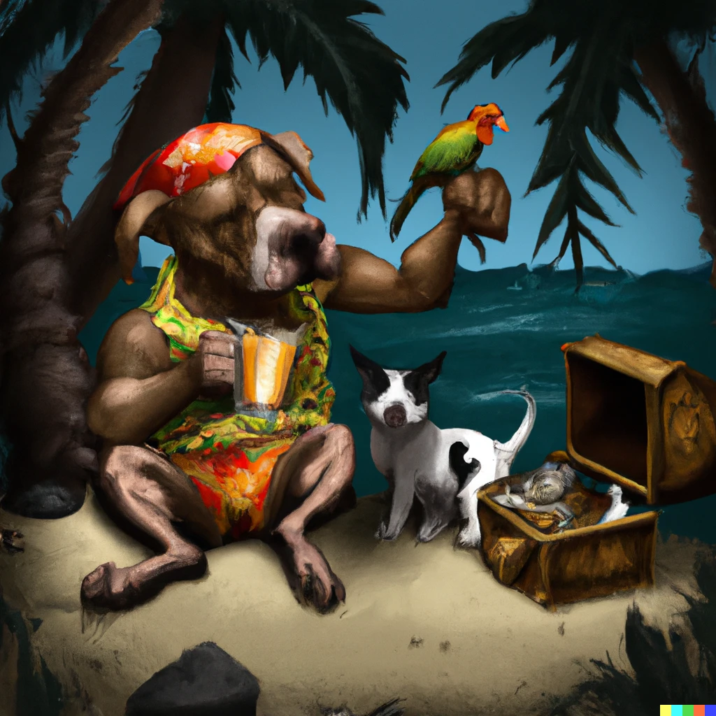 Prompt: a pitbull pirate sitting on a treasure chest, drinking a beer and eating a turkey leg, next to a palm tree with a parrot and a monkey, on a black sand as digital art