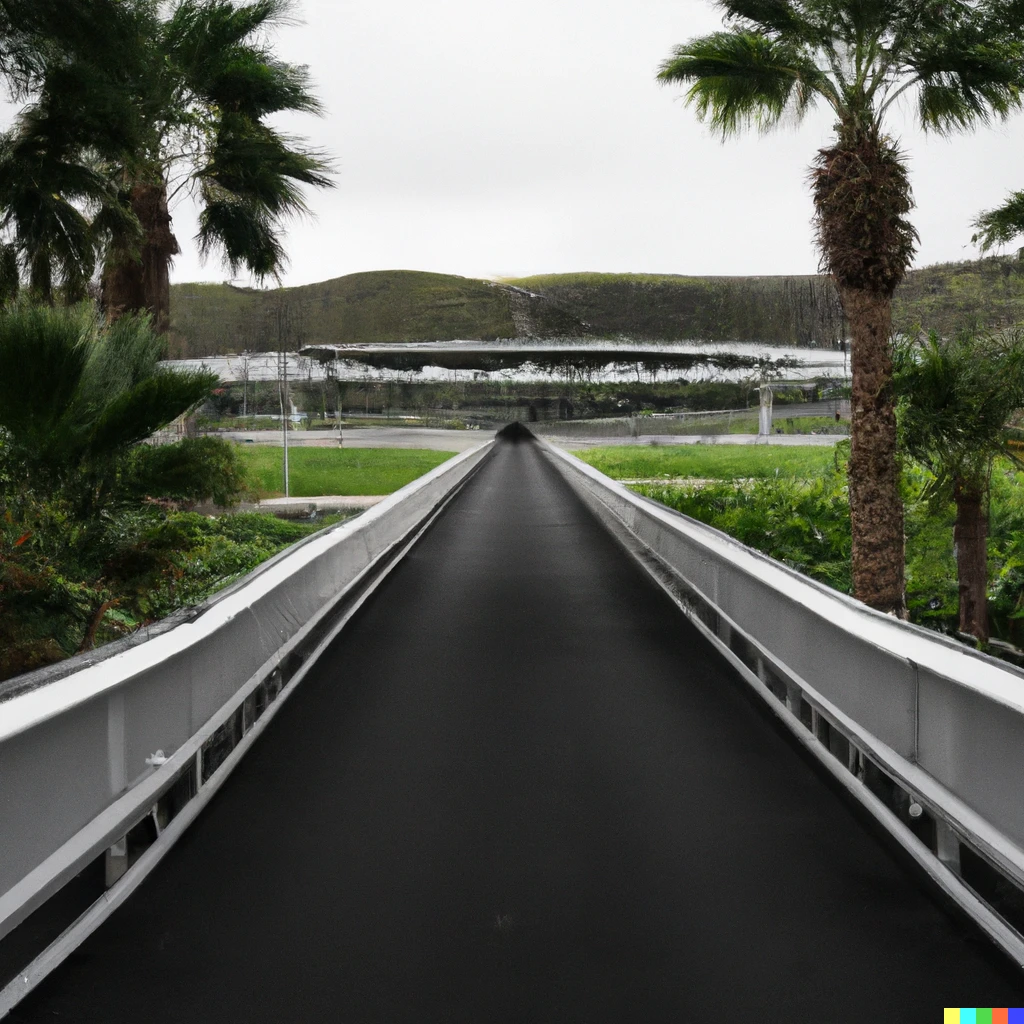Prompt: detailed landscape photograph of long narrow moving black airport walkway with handrails through jungle with palm tree dotted landscape with grey sky and rolling hills leading to a small greenhouse