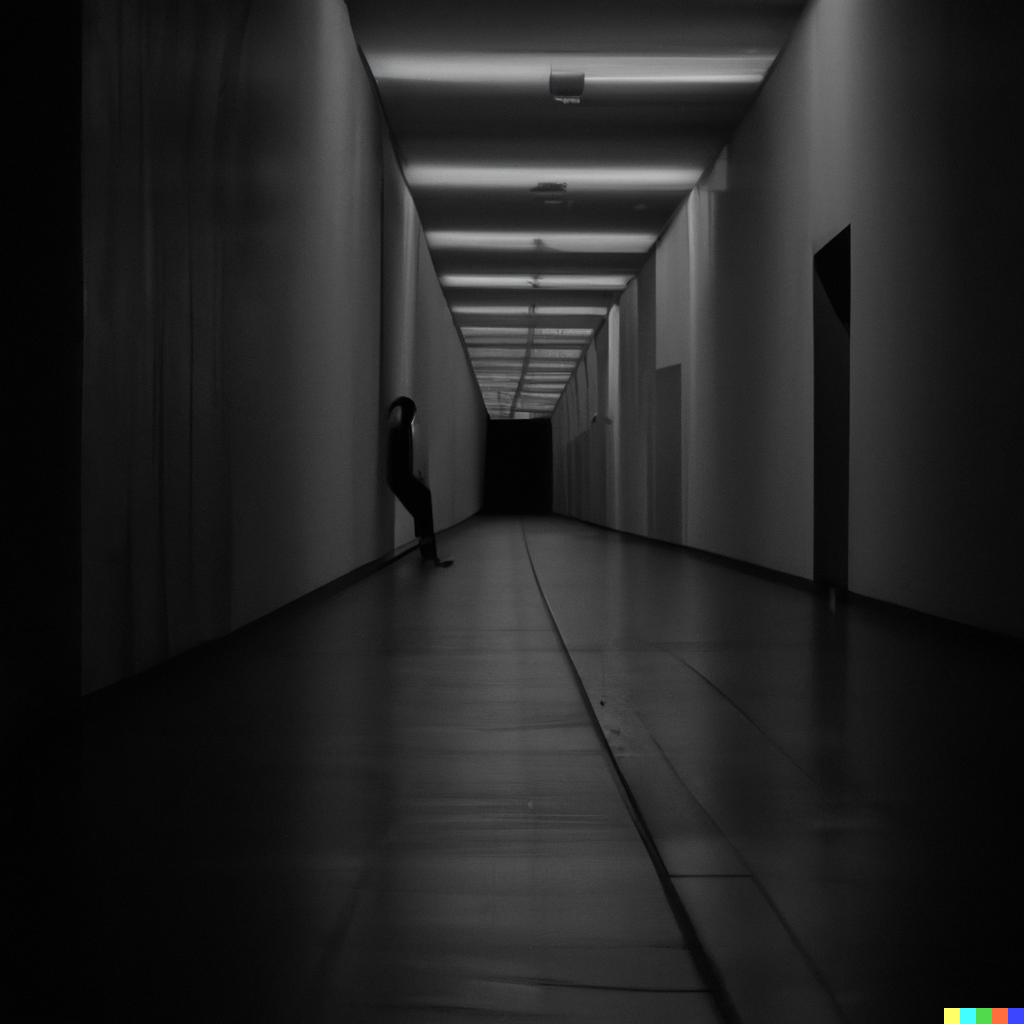 Matthew × DALL·E 2 | a liminal space of a dark hallway with a shadow ...