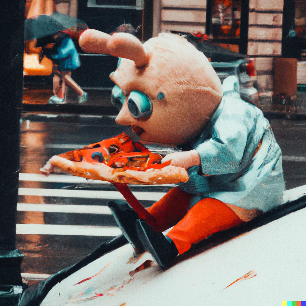 Prompt: Stuart Little riding a bug in a rainy New York street while eating a pizza slice | 210