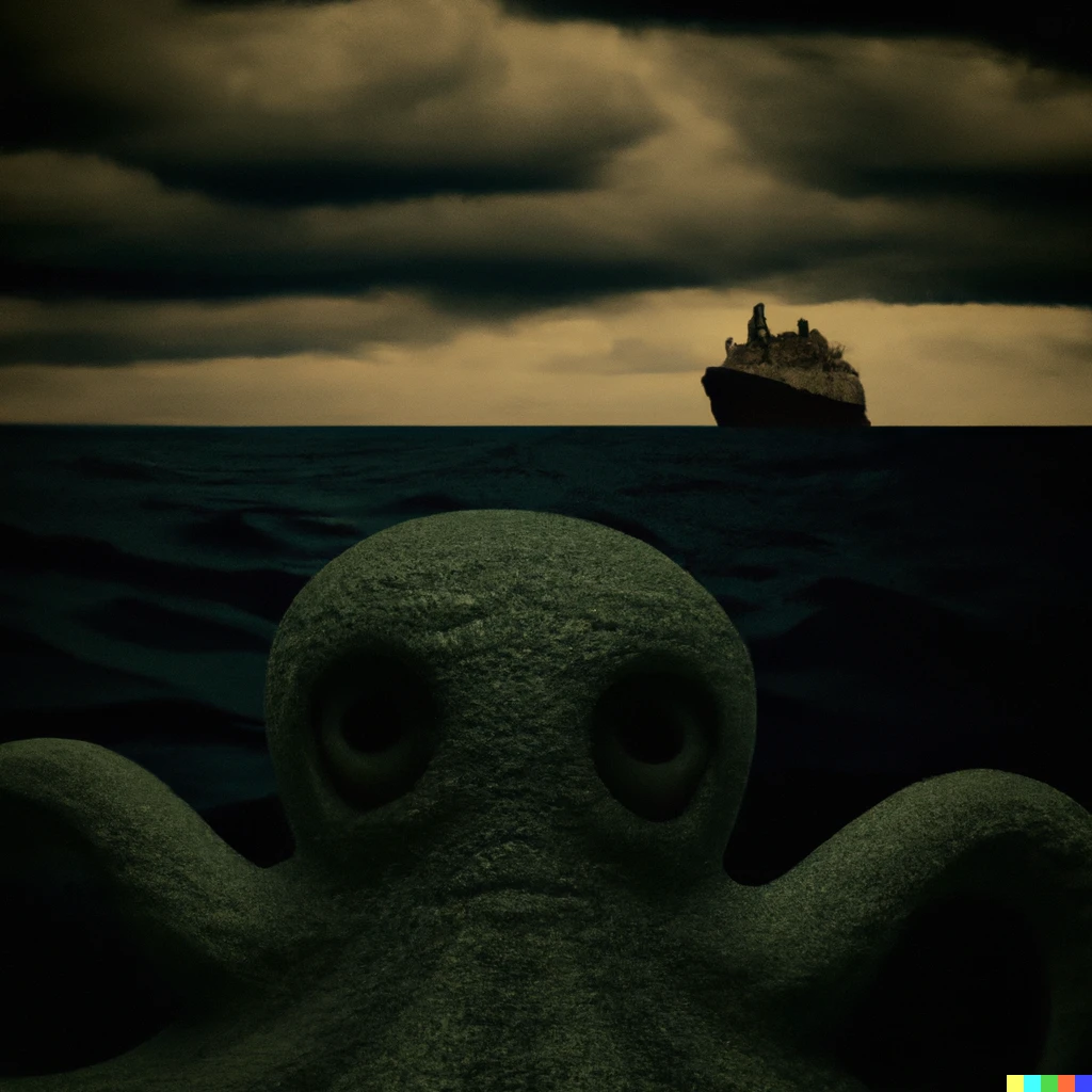 Prompt: cthulhu watching a ship calmly in the middle of a sea under dark sky
